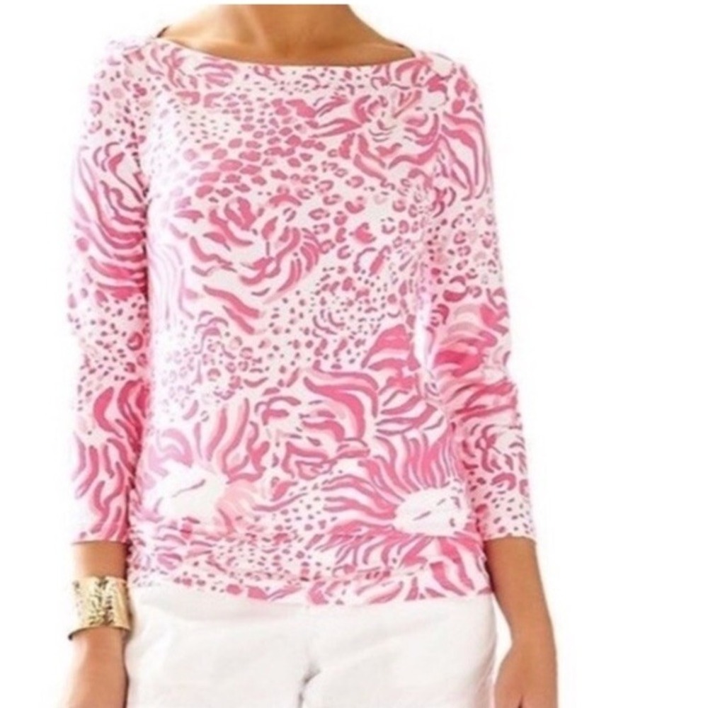 Lilly Pulitzer Andie Boatneck Top Resort White Get Spotted Pink XL 78847